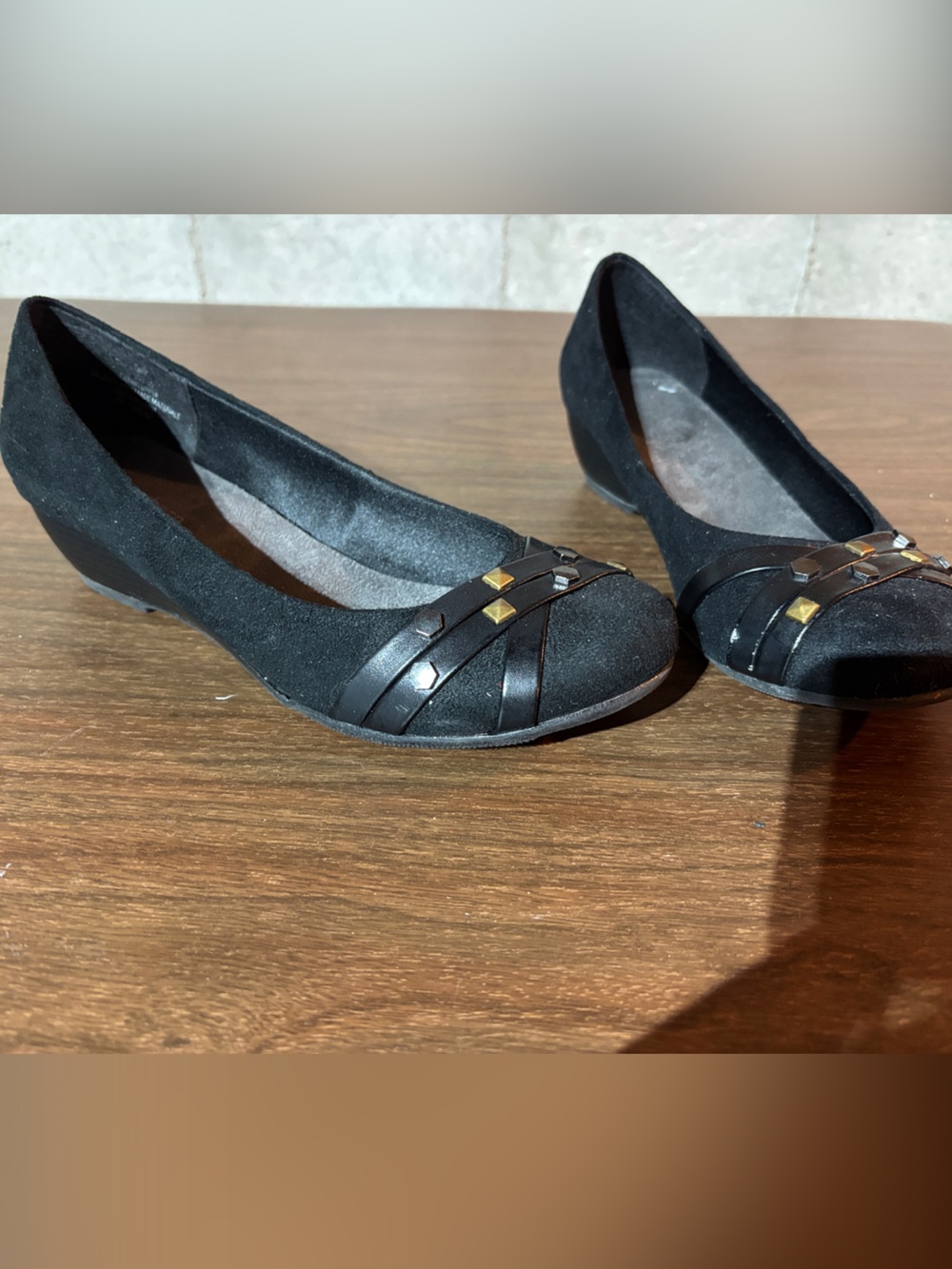 Dress Barn Black Suede-Look Ballet Flats with Gold Accents